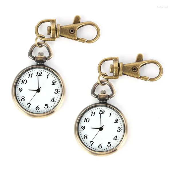 Relógios de bolso 2x bronze cor redonda pingente relógio de quartzo chaveiro senhoras crianças presente natal