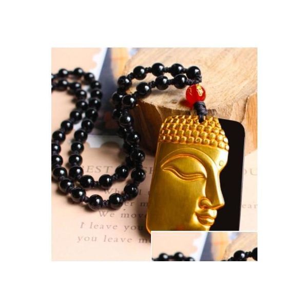 Ожерелья с подвесками, позолоченный Будда, натуральный кристалл обсидиана, ювелирное ожерелье, мужские подвески с доставкой, Dh3V4