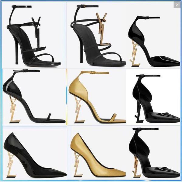 Damen Luxurys Designer Klassische Buchstaben-Metallabsatz-Schuh-Sandalen, echtes Bild, echtes Lederband, High Heels, Schuhe, Handtasche, Hochzeitskleid, Pumps, rote Unterseite mit Box