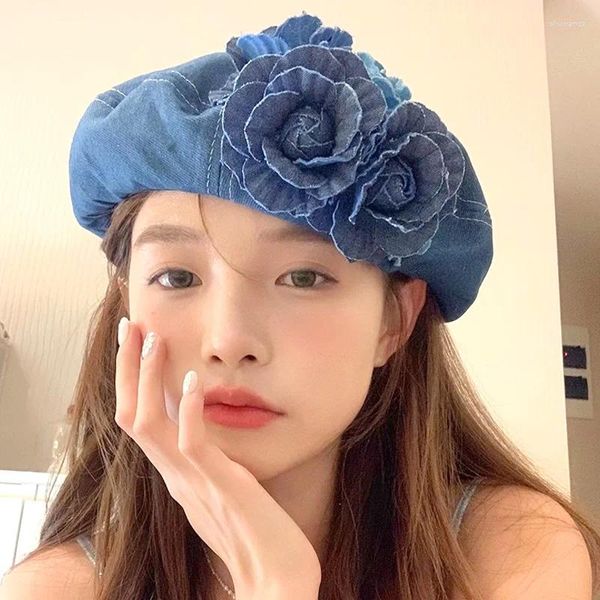 Berets 3D Flores Denim Azul Camélia Boina Chapéus para Mulheres Primavera Verão Casual Pintor Caps