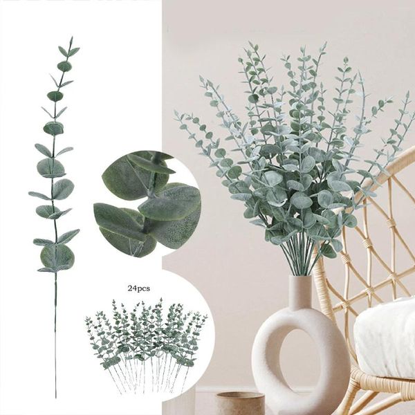 Flores decorativas 24 pçs folhas artificiais hastes longas plantas flor látex real buquê de casamento nupcial decoração para casa