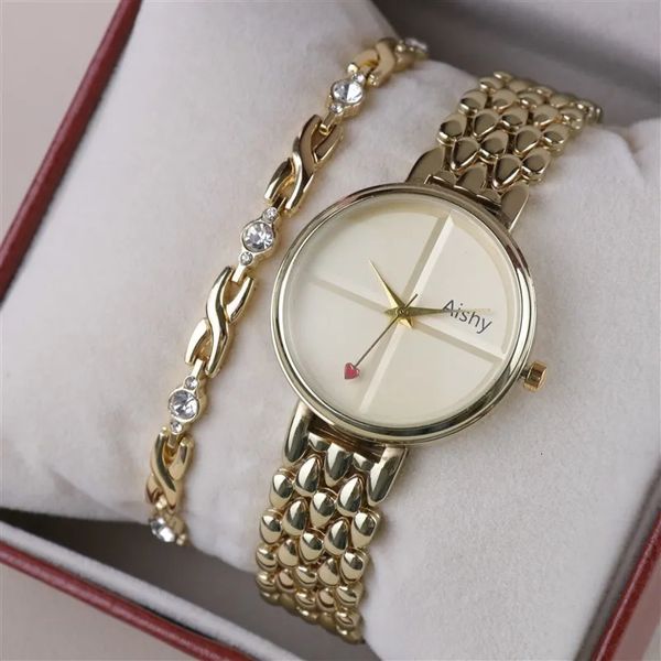 Ano relógio para mulheres 3 pçs conjunto feminino relógio de pulso e pulseira caixa para meninas aniversário presente dos namorados alta qualidade senhoras relógio 240112