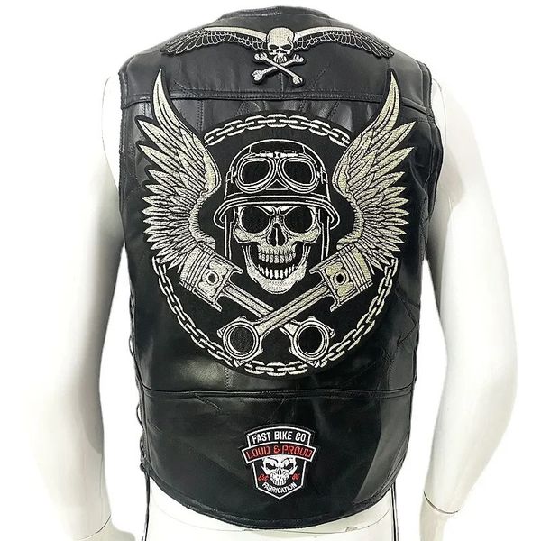 Moto colete de couro remendo motocicleta sem mangas jaqueta motociclista casual streetwear colete locomotiva clube punk veste 240113