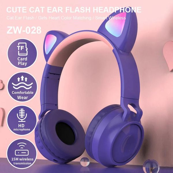 Fones de ouvido docooler zw028 sem fio bluetooth fone de ouvido brilhante gato orelha música handsfree com microfone para desktop portátil telefone