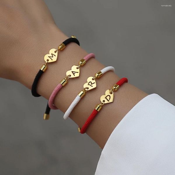 Braccialetti con ciondoli Bracciale in corda iniziale A-Z regolabile colorato con lettera a forma di cuore in acciaio inossidabile 2024 per regalo di gioielli