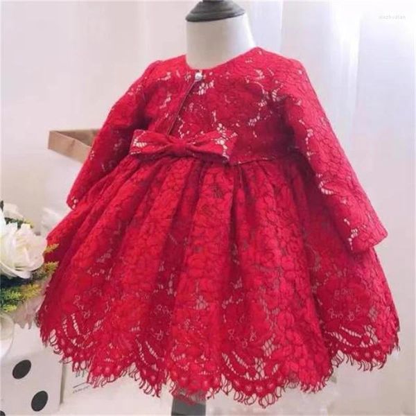 Платья для девочек Красное платье на день рождения Кружевная вечеринка Модное пальто с длинными рукавами Туту
