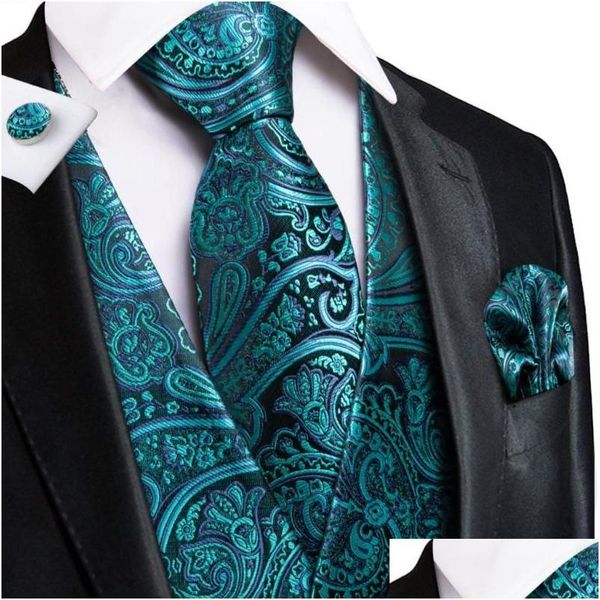 Herrenwesten Herren Hi-Tie Blaugrün Grün Floral Paisley Seide Männer Slim Weste Krawatte Set für Anzug Kleid Hochzeit 4-teilige Weste Einstecktuch Manschettenknöpfe Otryl