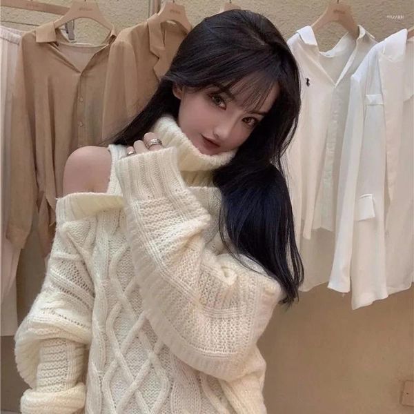Frauenpullover Gidyq Rollkragenpullover von Schulterpullover Frauen koreanische Mode losen gestrickten Pullovers süßer adrettiger Langarmsprunger Fall