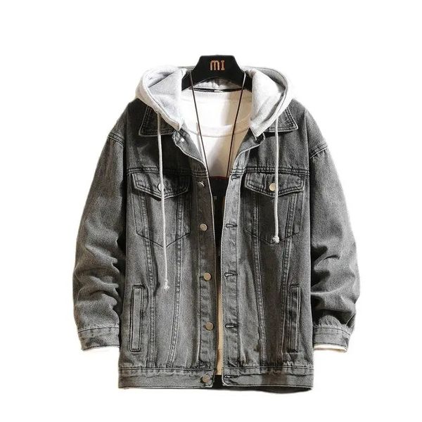 Denim Jacke Männer Mit Kapuze Casual Jean Jacken Streetwear Einfarbig Drehen Unten Kragen Mäntel Jacktes Hut Abnehmbare 240113