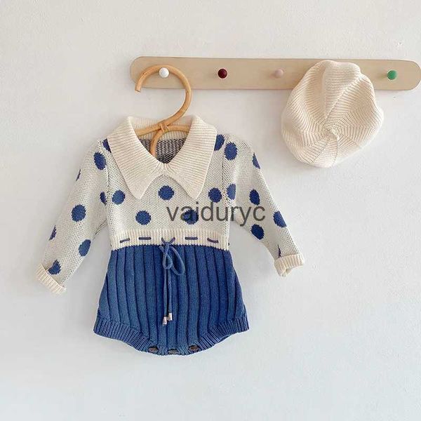 ROMPERS Baby Girl Herbst Kleidung 2023 Neugeborene Polka Dot Strick Bodysuit Patchwork falsche Sets für Baby -Overalls H240508