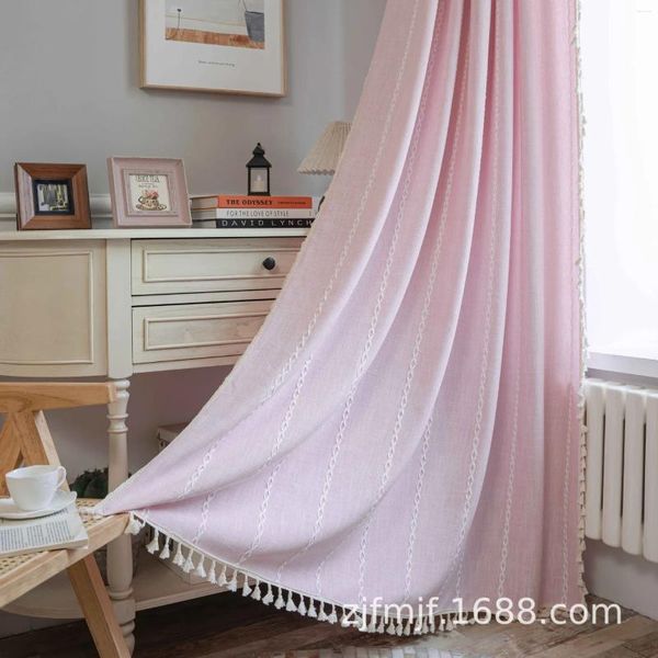 Vorhang Boho Leinenvorhänge Wohnzimmer Rosa halbdurchsichtige Verdunkelungsvorhänge für Schlafzimmer besticktes Landfenster