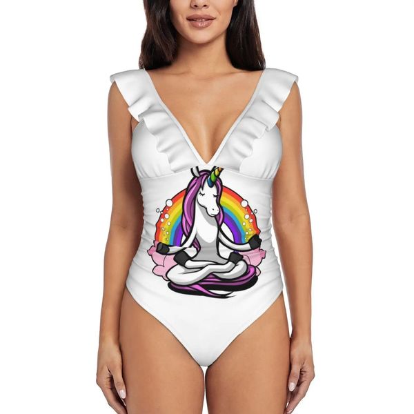 Indossare Unicorn Zen Yoga Nuovo costume da bagno con stampa DeepV Ruffle Costume da bagno Costume intero Abbigliamento da spiaggia Monokini Namaste Meditazione Zen