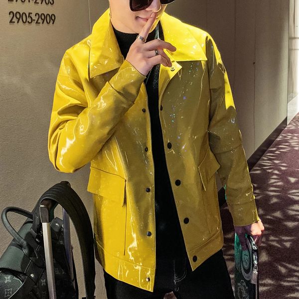 Блестящая кожаная куртка мужская в корейском стиле осенняя водонепроницаемая модная уличная куртка из искусственной кожи мотоциклетная кожаная куртка сценический костюм певицы 240112