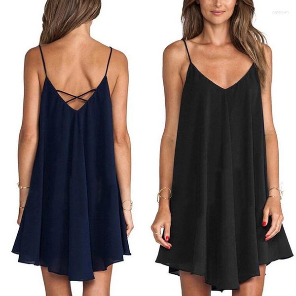 Vestidos casuais S-6XL preto azul magro v-pescoço espaguete cinta sem costas vestido curto sem mangas mulheres verão praia viagem feriado festa saia