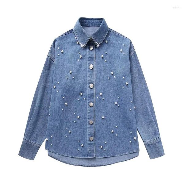 Damesblouses Vrouw Mode Blauwe Parel Applicaties Denim Shirt 2024 Herfst Meisjes Casual Losse Shirts Vrouwelijke Chic Single Breasted