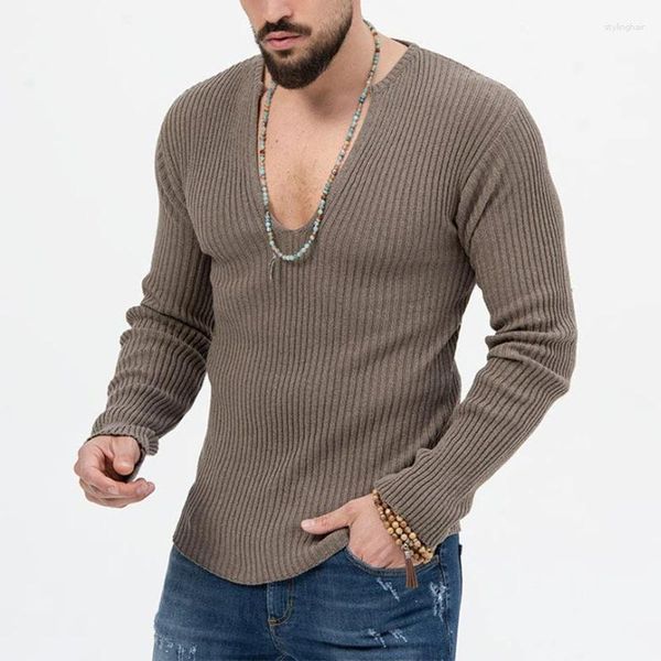 Suéter masculino sexy com decote em v suéter masculino tops de malha manga comprida pulôver fino 2024 primavera moda sólida malhas roupas masculinas com nervuras