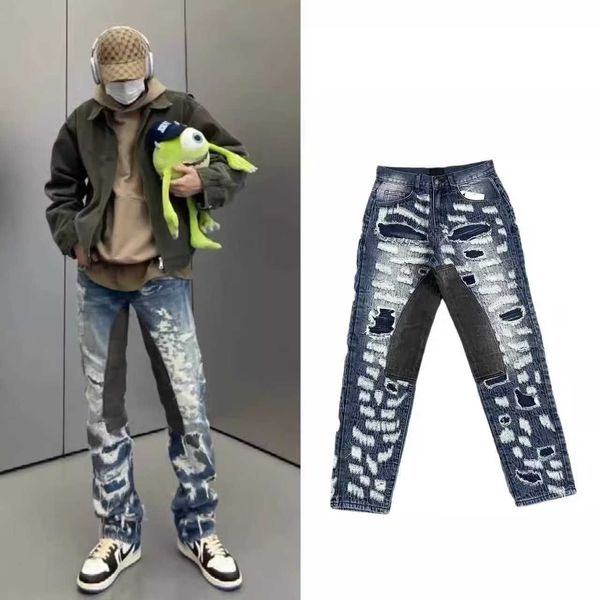 Marchio di tendenza di jeans da uomo per nuovi pantaloni lunghi stampati invecchiati ed eleganti personalizzati con inchiostro blu scuro