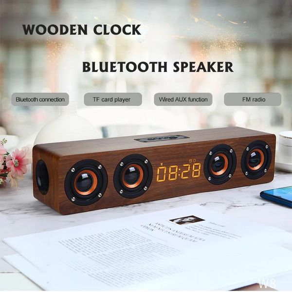 Soundbar Altoparlante Bluetooth senza fili in legno Sveglia portatile Stereo PC Sistema TV Altoparlante Desktop Sound Post Radio FM Altoparlante del computer