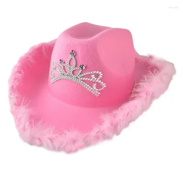 Berretti stile occidentale rosa tiara cappelli da cowgirl per le donne ragazza berretti Fedora arrotolati bordo di piume cappello da cowboy da spiaggia con paillettes berretto da festa