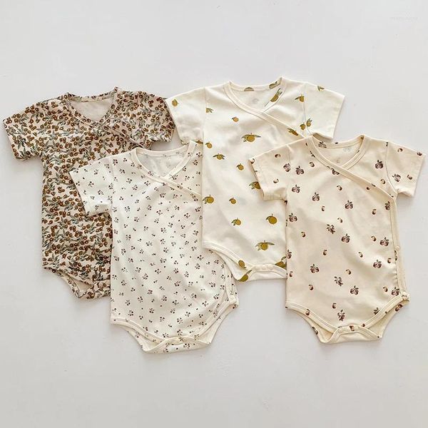 Macacão moda nascido bebê menina bodysuit vintage floral algodão manga curta macacão verão infantil meninos roupas