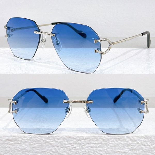 Signature C DE SUNGLASSES Herren Damen Modemarke Rahmenlose Polygonale Blaue Linse Moderne Trendige Sonnenbrille CT0386S