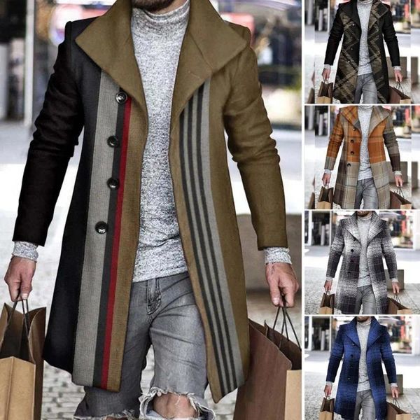 Trench da uomo Cappotto con risvolto Capispalla a prova di freddo Moda uomo Casual Plaid Stitch Giacca di lana ispessita Cappotto Cappotto per il viaggio