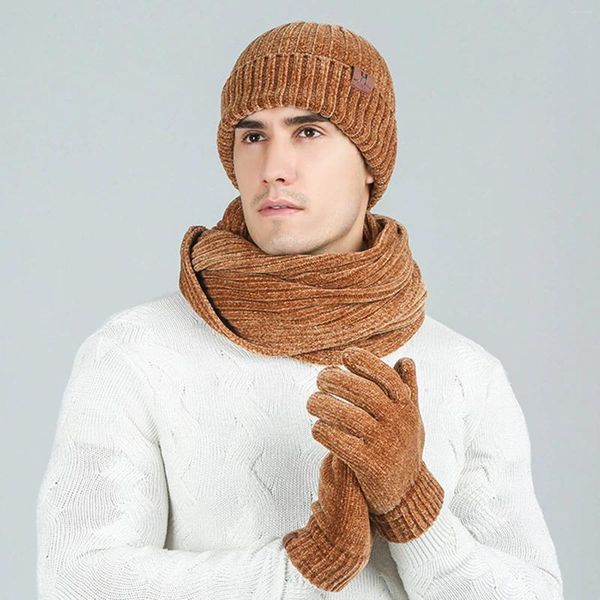 Berretti da ballo Coppie Sciarpa calda invernale Cappello e guanti Set tre pezzi Tinta unita Bavaglino in lana lavorato a maglia a coste Echarpe Hiver Femme