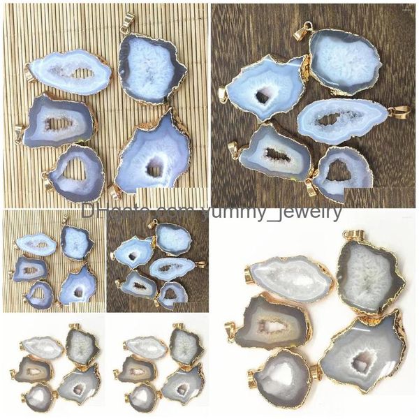 Kolye Kolyeleri 5 PCS Doğal Taş Brezilya Elektrokaplandırılmış Dilim Açık Beyaz Agates Geode Drusy Druzys Kolye Takı Dr Dhakl