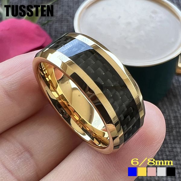 Drop Tussten 68mm anel de fibra de carbono preto clássico aliança de casamento de tungstênio para homens mulheres bordas chanfradas brilhantes ajuste confortável 240112