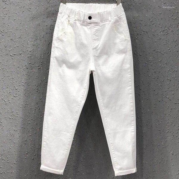 Jeans para mujer Ocio Blanco Verano Otoño Mujeres Cintura Elástica Suelta Señoras Lavadas Algodón Denim Harem Pantalones Pantalones