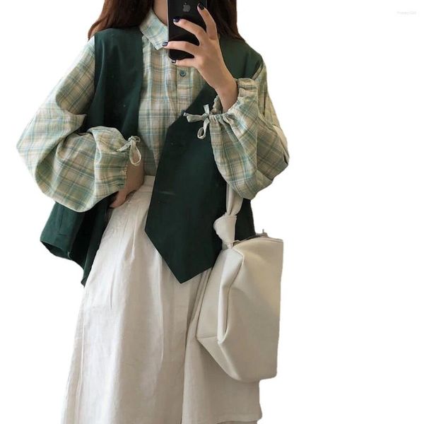 Arbeitskleider Damen Sets Grün 3 Stück Outfits Harajuku Kariertes Hemd Ärmellose Weste Und Asymmetrisches Design Rock Frühling Teenager Ins Chic