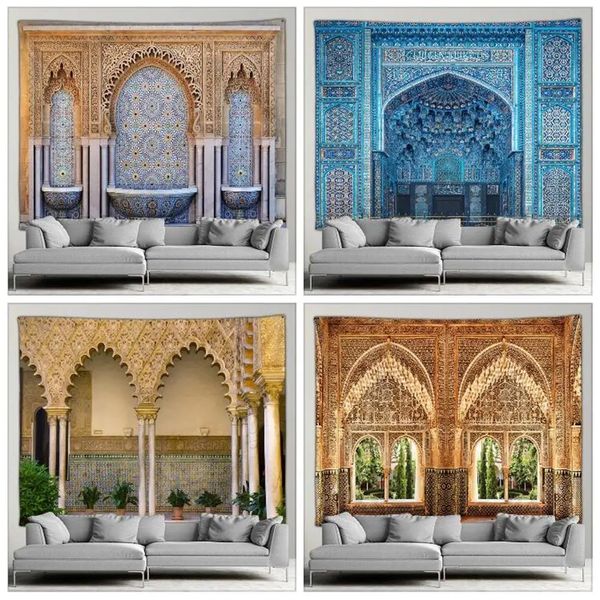 Arazzo architettonico marocchino retrò islamico motivo geometrico appeso a parete bohemien soggiorno camera da letto decorazione della parete di casa murale 240113