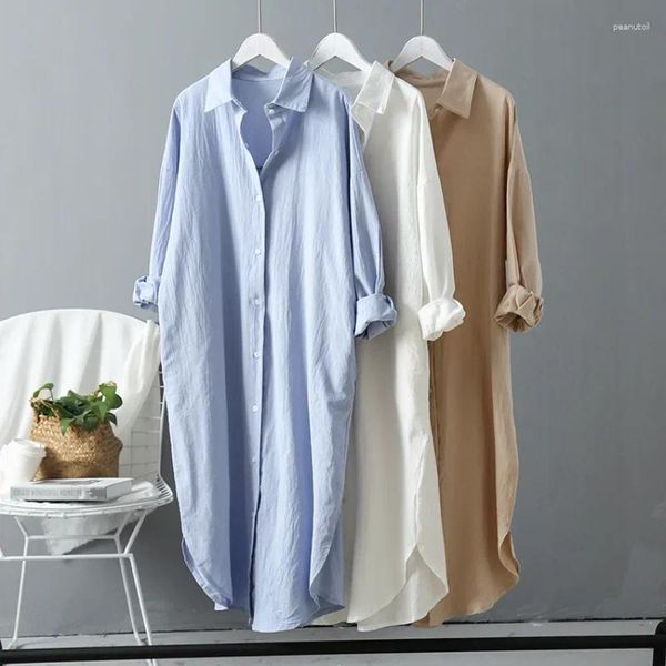 Sıradan Elbiseler 2024 Bahar Kadın Bluzları Koreli Giyim Sonbahar Vintage Linen Pamuklu Orta Uzunluk Beyaz Gömlek Kadın Şık Üstler İçin