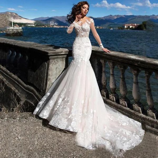 Abiti 2023 Abito da sposa a sirena Arrivo Manica lunga in pizzo Musulmano Vestido De Noiva Applicazioni romantiche Increspature Abiti Abito da sposa