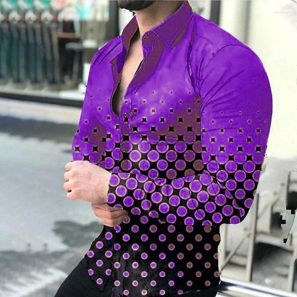 Camisas casuais masculinas 2024 manchas de 4 cores reduzem roxo 3D impresso de mangas compridas cardigan top design de moda bola festa camisa havaiana 6xl