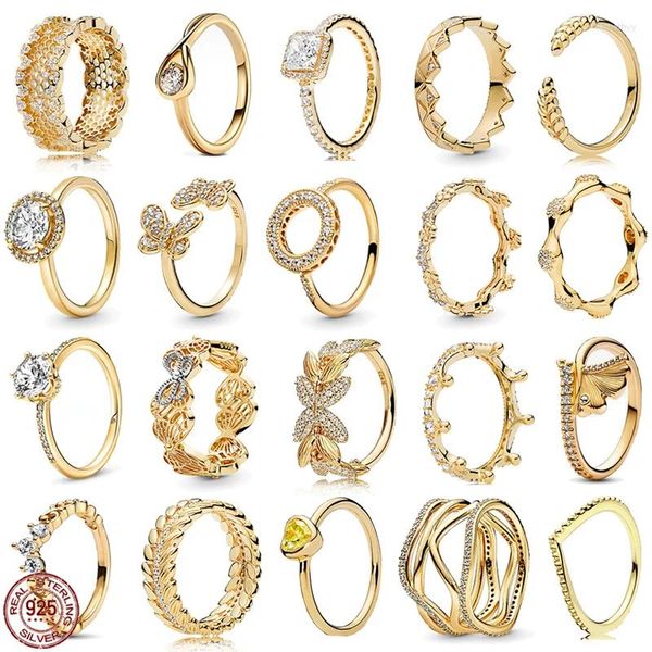 Cluster Ringe Gold Farbe Serie Ring 925 Sterling Silber Exquisite Glänzende Kronen Herz Schmetterling Wasser Tropfen Charme Frauen Schmuck Geschenk