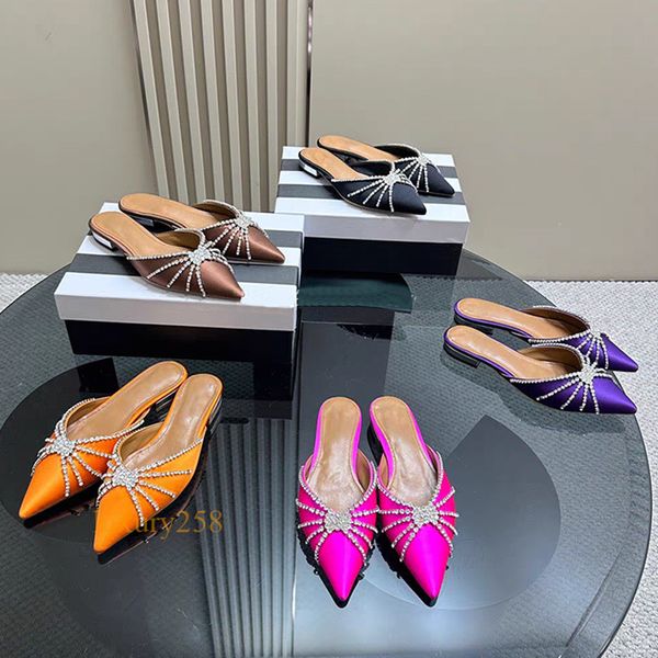 Tasarımcı Rhinestone kristal süslenmiş düz sandalet terlikleri katırlar sivri baş slingbacks ayakkabıları lüks kadın parti akşam ayakkabıları