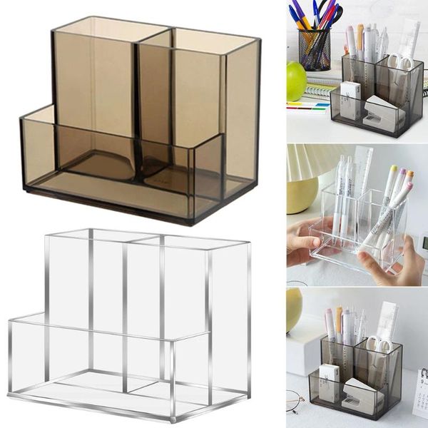 Caixas de armazenamento 1 PCS Transparente Acrílico Quadrado Três Grade Caneta Titular Rack Grande Capacidade Mesa Lápis Escola Escritório Papelaria