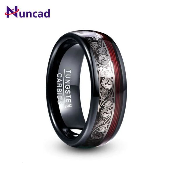 NUNCAD 8 mm breiter Ring aus Wolframstahl, schwarze Einlage, dreifaches Spiralmuster, rote Gitarrensaite, Hartmetall 240112