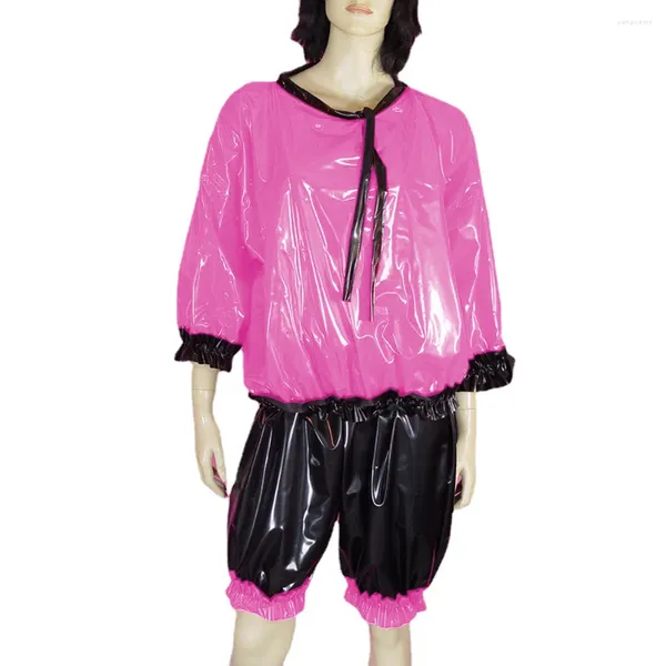 Damen-Trainingsanzüge, sexy Pullover, Wetlook-PVC-Leder, kurze Sets, Sissy-Rundhalsausschnitt, Oberteile, Taille, elastische Pumphose, Rüschen, Nachthemd, Pyjama, Robe