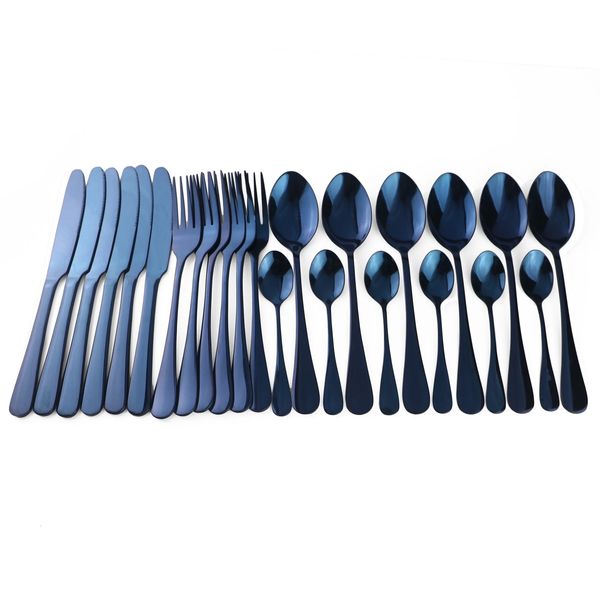 24 Pcs 304 Conjuntos de Louça de Aço Inoxidável Azul Espelho Conjunto de Talheres Preto Ouro Faca de Jantar Garfos Restaurante Talheres Serviço 6 240113