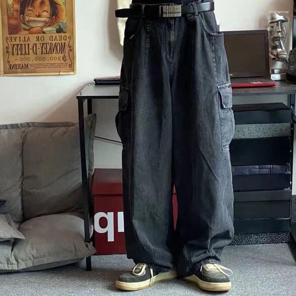Damenhose Herren Drapierung Große Tasche Waschbare Jeans mit weitem Bein Y2k Streetwear Hip Hop Ripped Straight Denim Herrenhose