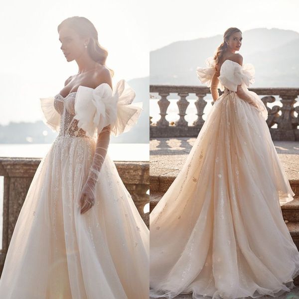 Elegante fora do ombro uma linha vestido de casamento árabe inchado tule rendas vestidos de noiva até o chão robe de soiree