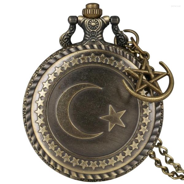 Relógios de bolso Turquia Bandeira Lua Estrelas Sinal Bronze Quartzo Colar Unissex Antigo Elegante Pingente Relógio Algarismos Árabes Dial