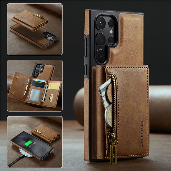 Capa de telefone retro 2 em 1 com zíper magnético para iPhone 15 14 13 12 11 Pro Max Samsung Galaxy S24 S22 S23 Ultra S23FE Google Pixel 8 8ro Business Leather Wallet Bracket Shell