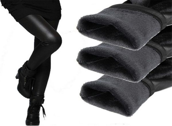 Ysdnchi inverno leggings de couro feminino calças elásticas cintura alta quente leggin grosso veludo preto push up 2112043821033