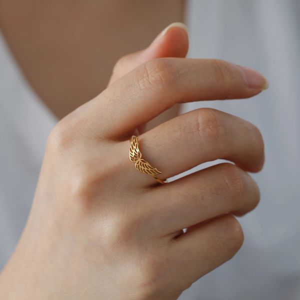 Fliegende Engelsflügel Damen Ring 14k Gelbgold Fingerringe Kpop Mode Ehering Schmuck Geburtstagsgeschenk