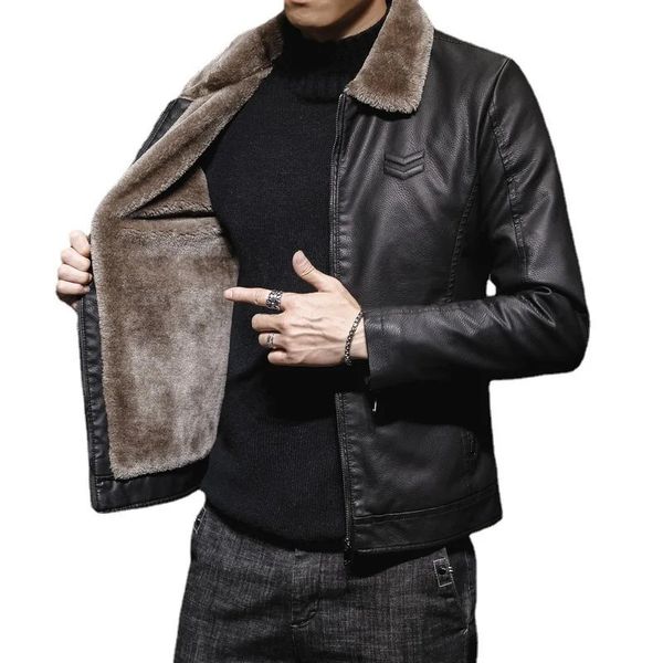 Giacca in pelle da uomo di marca manica lunga in pelliccia colletto rovesciato solido cappotto maschile con cerniera autunno inverno 240113