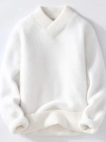 Мужские свитера из искусственного меха, мужские повседневные свободные мягкие теплые пуловеры с v-образным вырезом, мужские зимние модные шикарные однотонные корейские топы с длинными рукавами