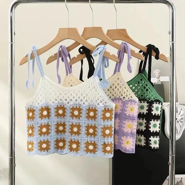 Mulheres Swimwear OUMEA Mulheres Crochet Strappy Tops Padrão Quadrado Estilo Praia Amarrado Arco em Multi Cores Vintage Saindo